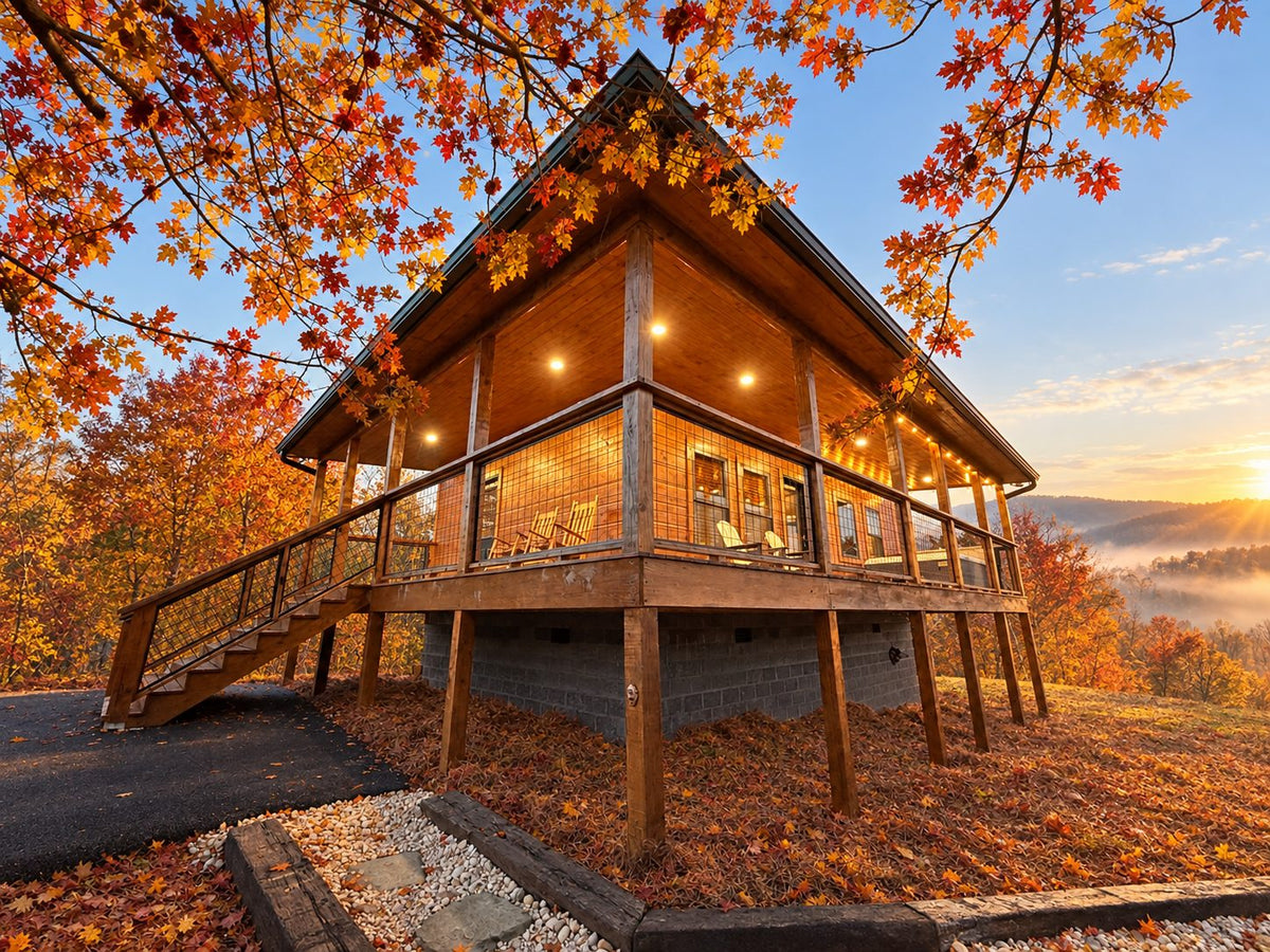 Edited photo of the built cabin, autumn morning