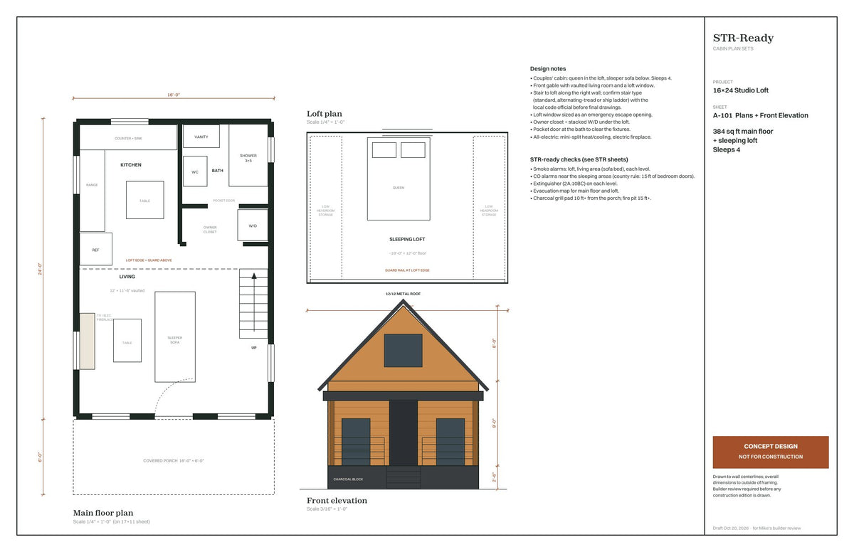 16x24 Studio Loft concept floor plan and elevation