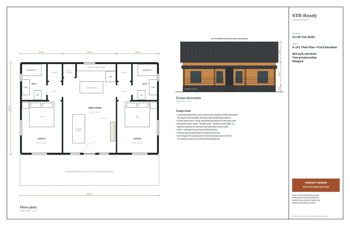 24x36 Two-Suite concept floor plan and elevation